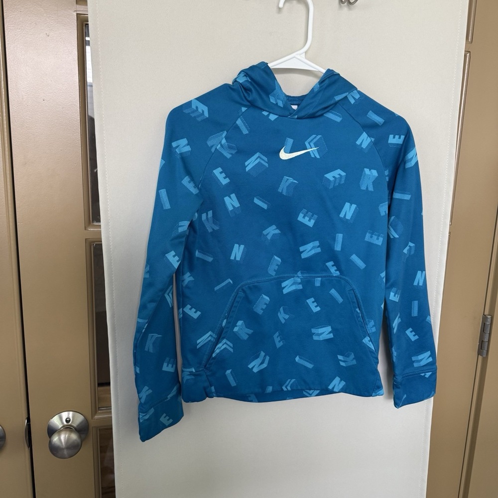Nike Boys Large Blue Logo Therma Fit Pullover Hoodie Sweatshirt Pocket